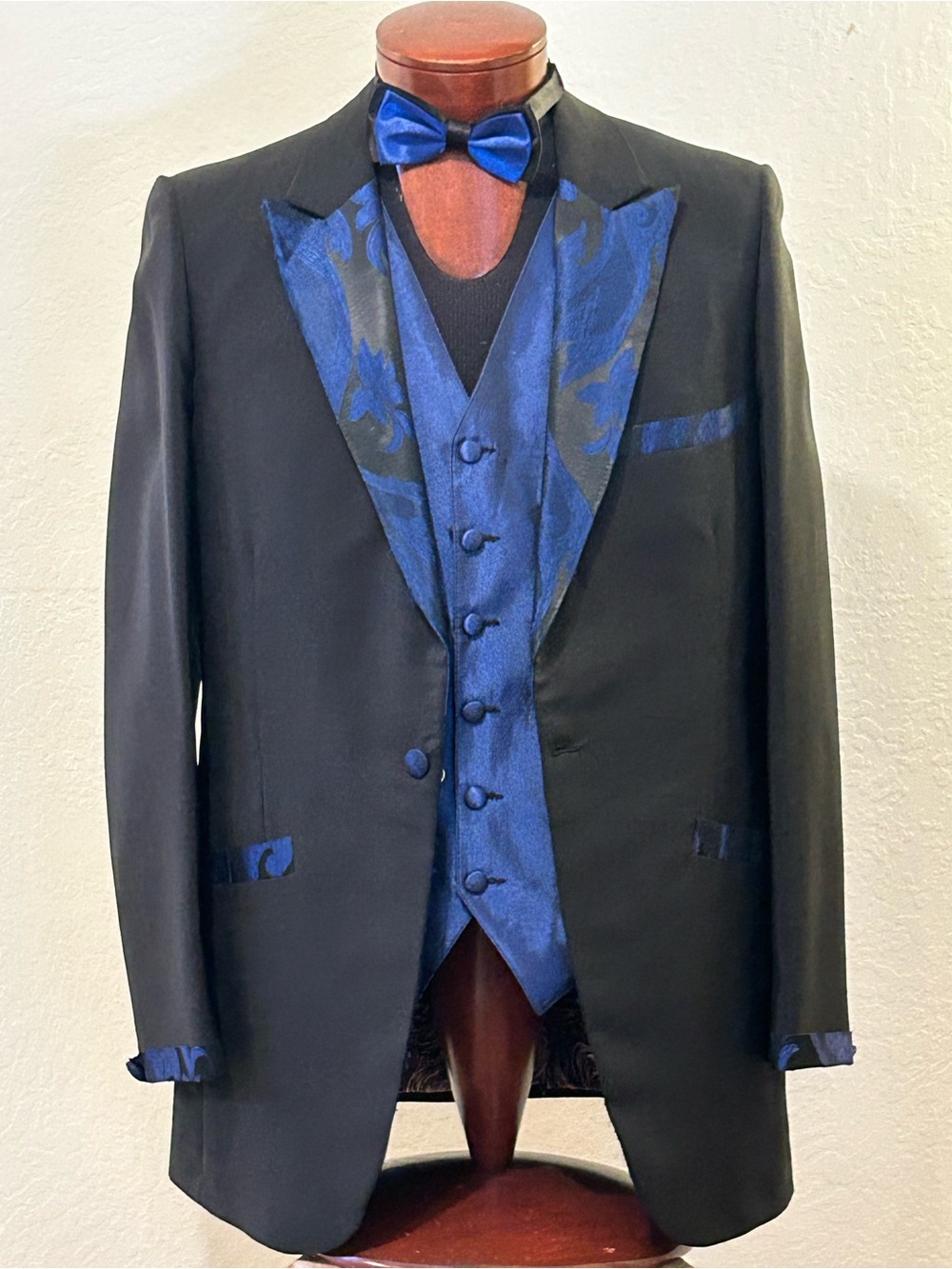 Black Tuxedo Jacket with Blue Satin Vest & Bow Tie